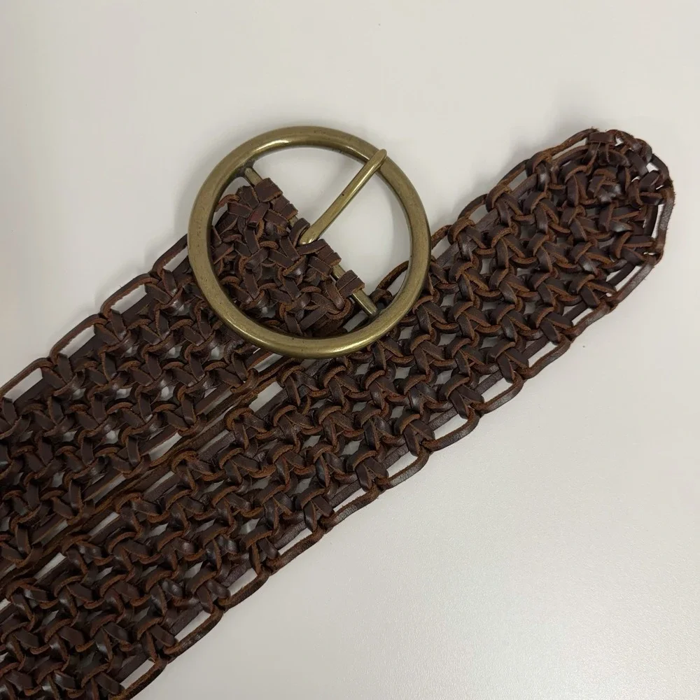 Wide Woven Leather Belt With Jumbo Round Solid Brass Buckle Brown Great Weave